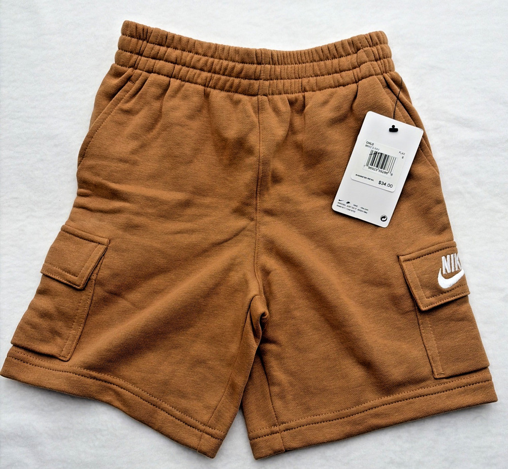 Nike Fleece Cargo Sweat Shorts Boys Medium 5-6 Years Flax Brown Activewear NEW